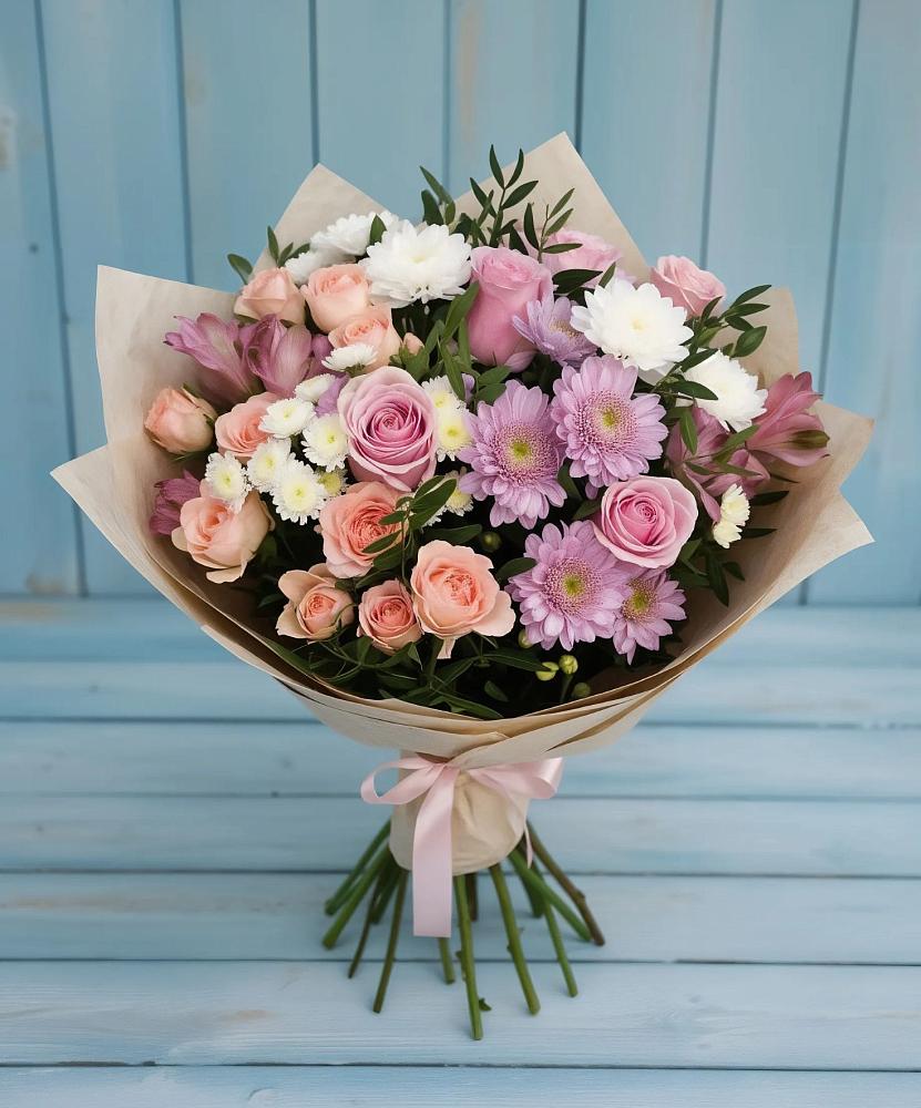 Букет цветов из: Хризантемы, Розы и Альстромерии в Макарове