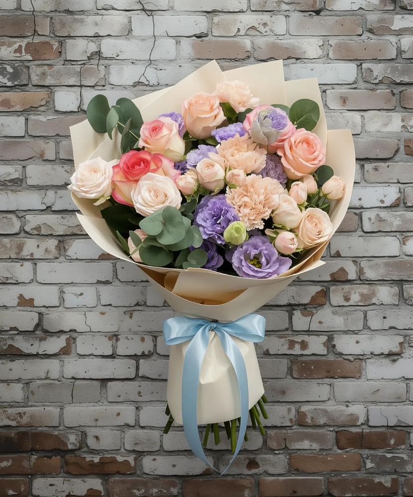 Букет цветов из: Розы, Лизиантусы и Гвоздики в Макарове