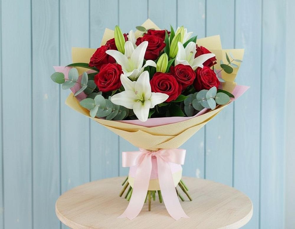 Букет цветов из: Лилии и Розы в Макарове