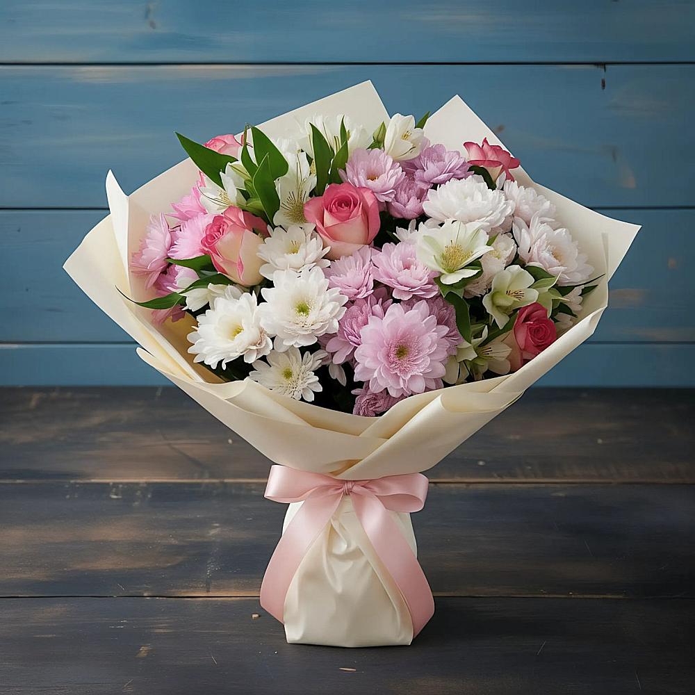 Букет цветов из: Хризантемы, Альстромерии и Розы в Макарове